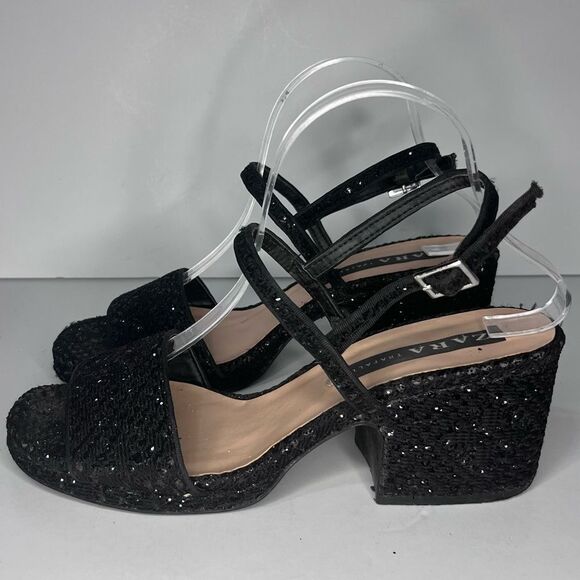 Zara Black Sparkle Block Heel Size 40 - Picture 7 of 8
